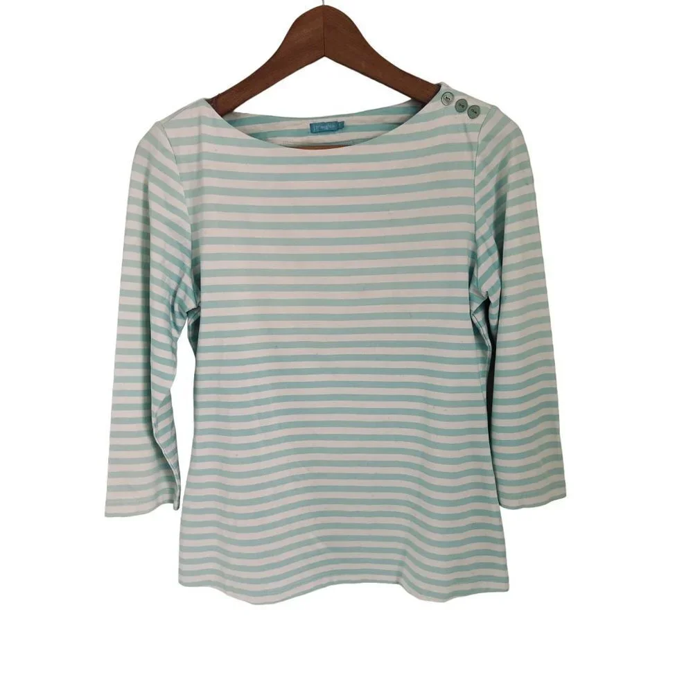 J. McLaughlin Top Crewneck Shoulder Buttons Tunic Green White Stripes Sweater SM - Picture 4 of 6
